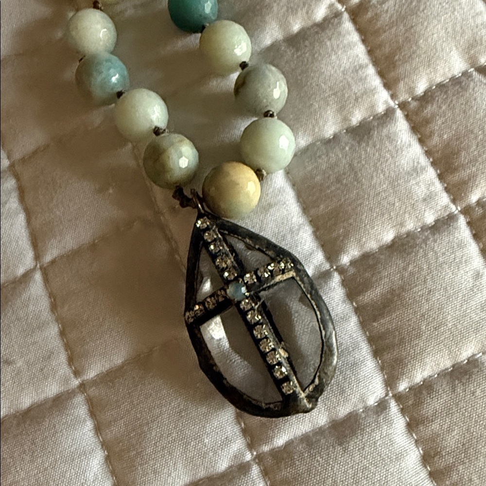 Elegant Amazonite Beaded Necklace with Cross Pendant